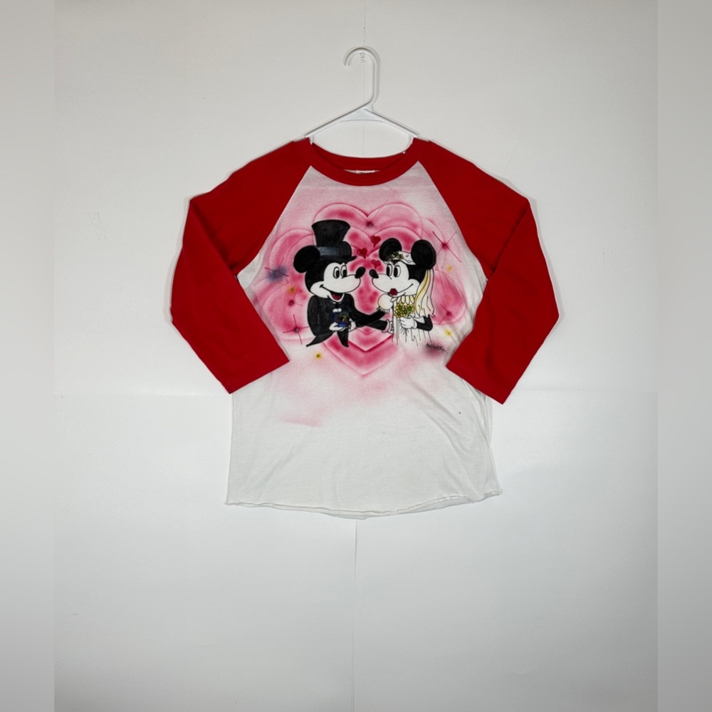 VTG 1980s Mickey Minnie Mouse Wedding Homemade Graffiti Baseball Tee Distress L
